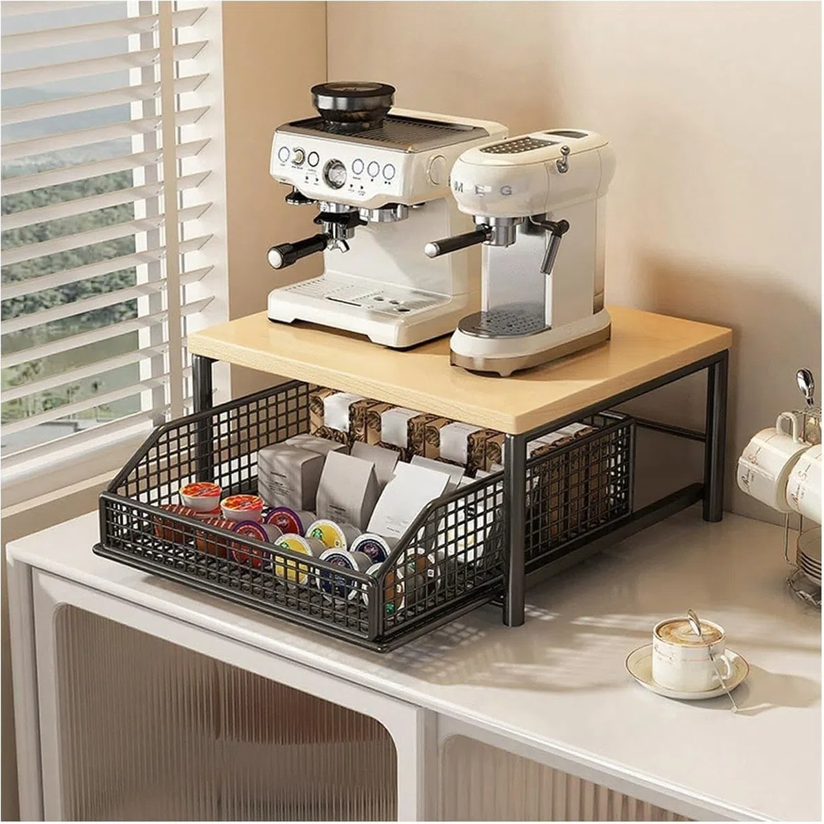 Carrello Per Microonde Con Ruote, Carrello Portamacchine Da Caffè Multifunzione Con Cassetto E 2 Ripiani, Carrello Da Cucina Compatto Per Ufficio E Soggiorno(Black,14.57x10.24in)