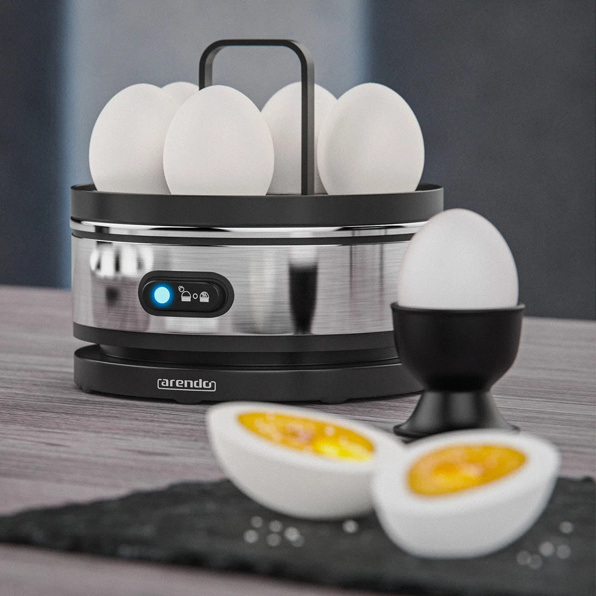 arendo - Cuociuova Sevencook - da 1 a 7 Uova - Bollitore per Uova in Acciaio con Funzione di Mantenimento del Calore - Grado di durezza Regolabile alla Coque Medio e sodo - Nero Argento