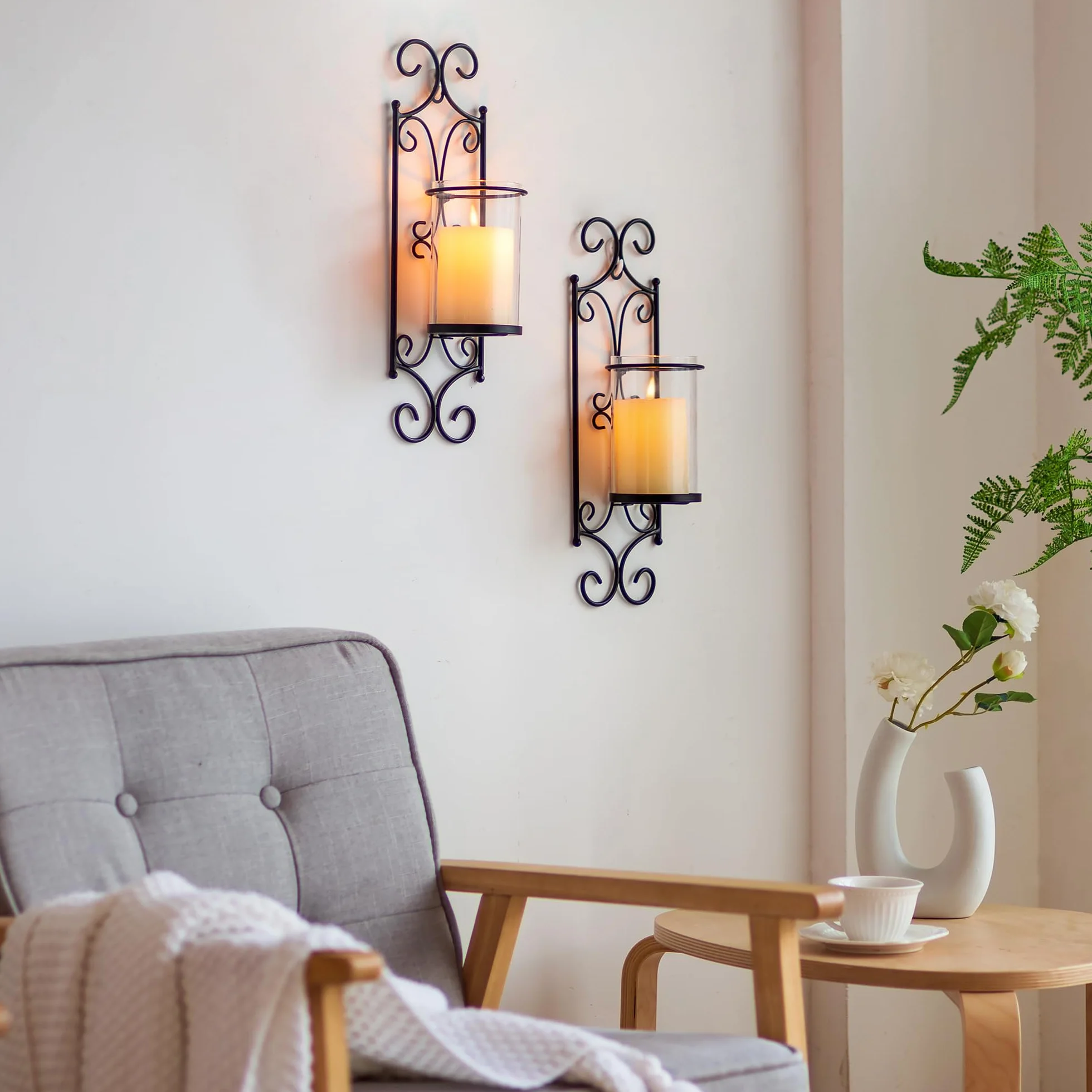 Sziqiqi Portacandele da Parete con Vetro Antivento - Candelabro da Parete Portacandele a Colonna Decorazioni da Parete Candeliere per Soggiorno Camino, Nero