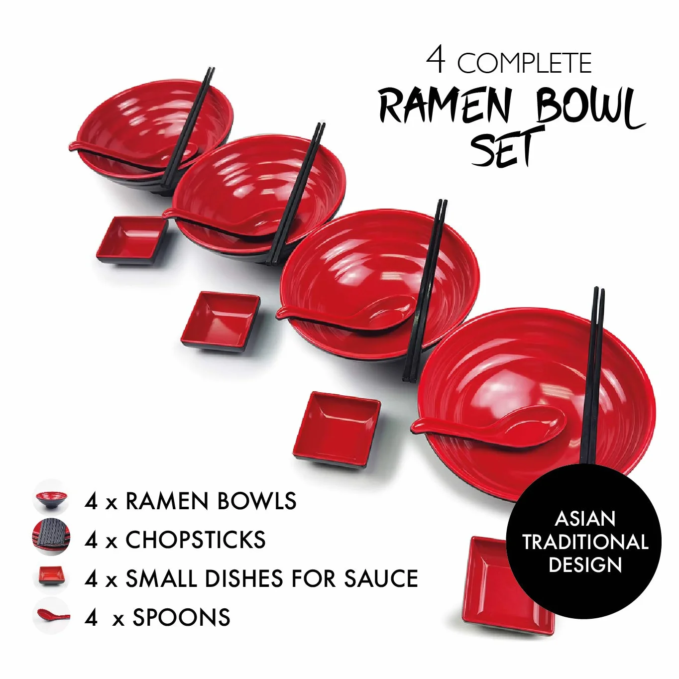 BALIBETOV Ciotole Giapponesi per Ramen Set - Include 4 Ciotola Ramen in Melamina, Bacchette, Cucchiai e Piccolo Piatti Giapponesi per Salsa - Ideale Per Zuppe Asiatica o Pho (Rosso, 4)