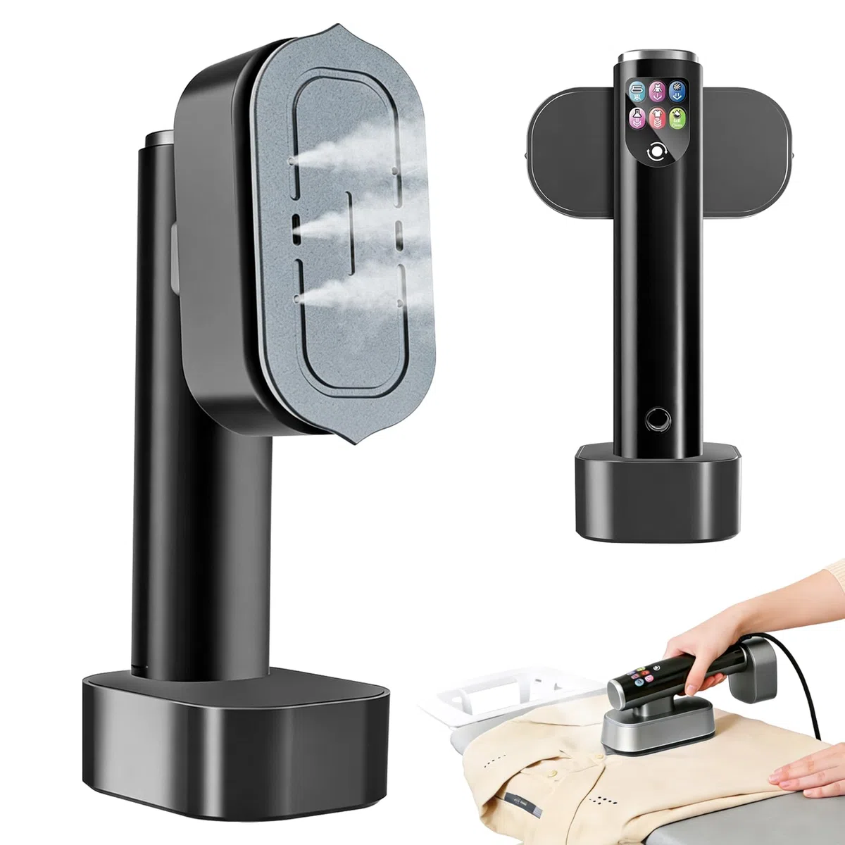 Steamer - Piastra a vapore portatile da 1300 W, con serbatoio dell'acqua da 190 ml, riscaldamento rapido, display digitale, 4 livelli di vapore con asciugatura e autopulente
