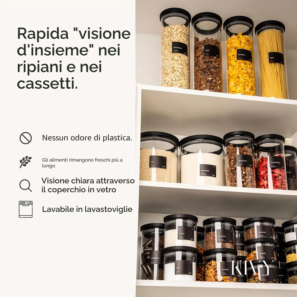 KIVY Barattoli in Vetro Ermetici [3x 1200ml] - Contenitori per Pasta e Spaghetti - Barattolo Grande per Cucina