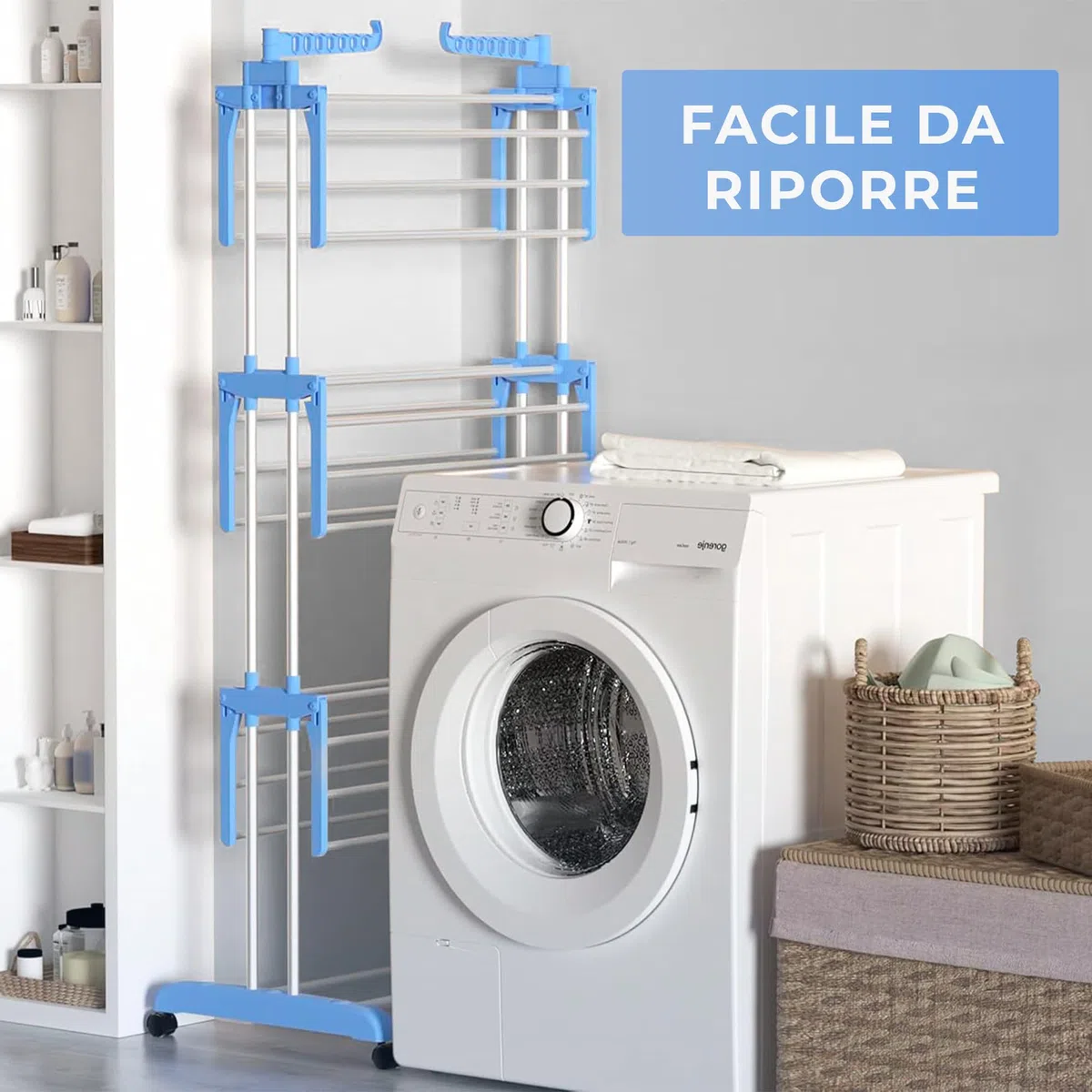 JUPPLIES Stendino Verticale Pieghevole 4 Livelli – Stendibiancheria a Torre Salvaspazio | 4 Ruote Anti-Graffio | Acciaio Inox | Senza Attrezzi | Stendino Verticale Grande Interno Ecologico