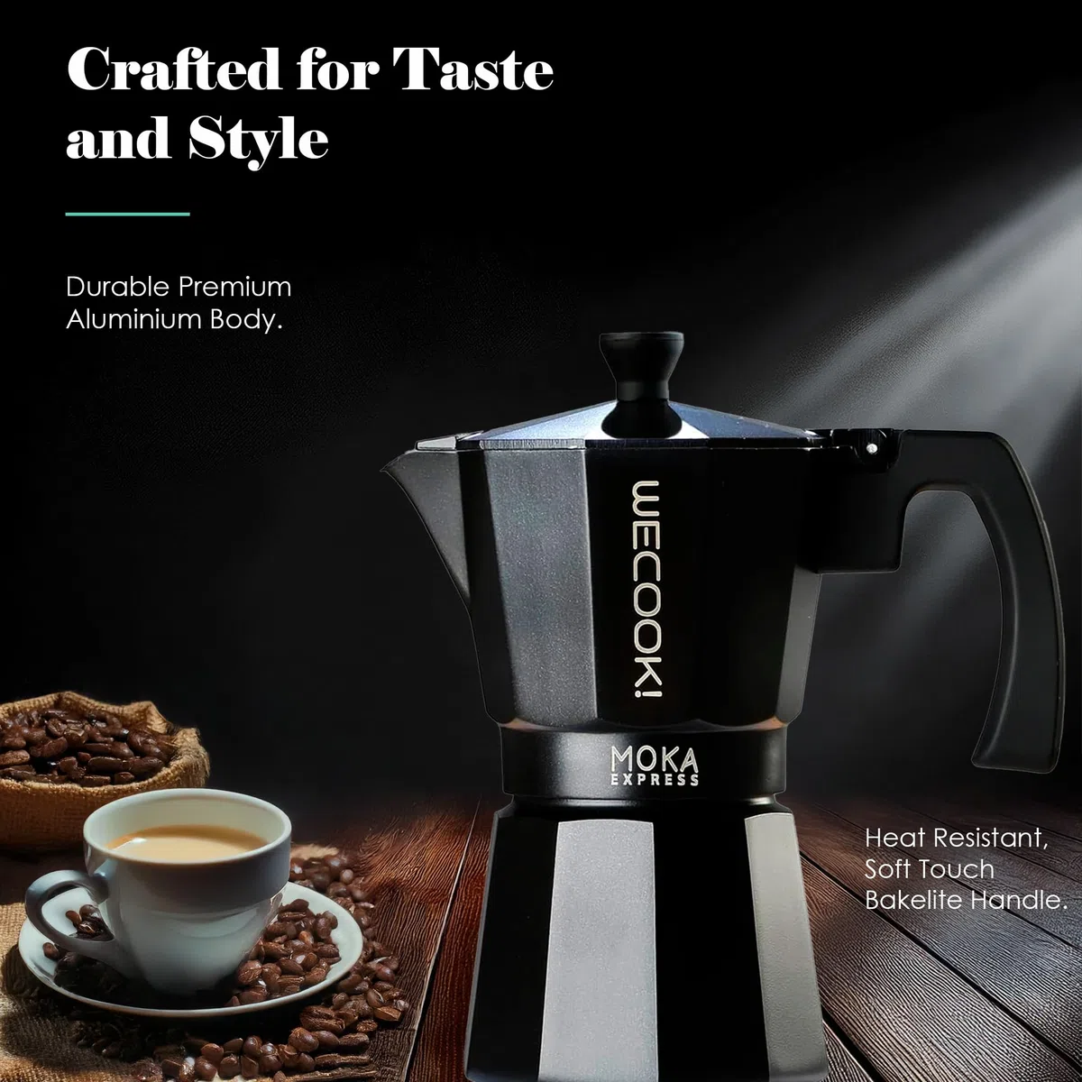 WECOOK! Bella Caffettiera Moka Nera in Alluminio, 12 Tazze (600 ml), Guarnizione in Silicone e Valvola di Sicurezza, Adatta per Gas, Elettrico e Vetroceramica – Non Adatta all’Induzione