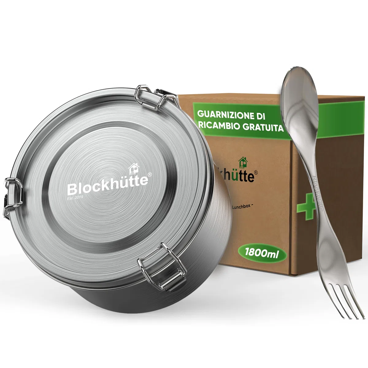 Blockhütte Portapranzo, Lunch Box Acciaio Inox Rotondo I 1800ml I Lunchbox con Cucchiaio e due Guarnizioni, Porta Pranzo Ermetico, Bento Box a Prova di Perdite, Contenitore Pranzo, Portavivande
