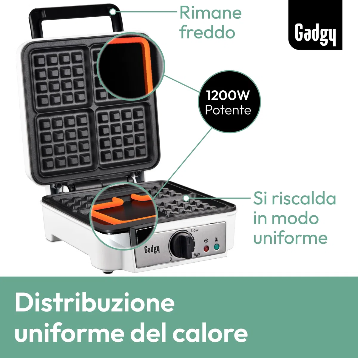 Gadgy Piastra Waffle 1200W – Macchina per Waffles con Rivestimento Antiaderente – Per 4 Cialde di Bruxelles 8x8cm – Waffle Maker Bianca – Facile da Usare e Pulire