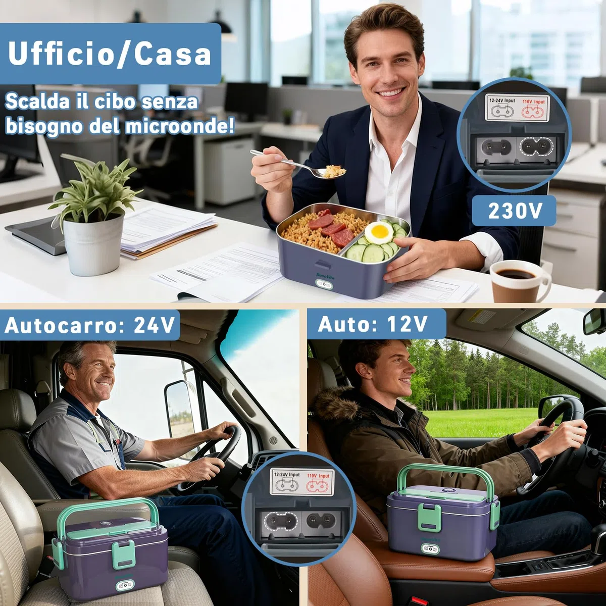 Scaldavivande Elettrico Portatile 80W 3 in 1 per Auto Camion e Ufficio 1,8L Scaldavivande Porta Pranzo con Spazzola di Spugna Forchetta e Borsa (Blu Royal)