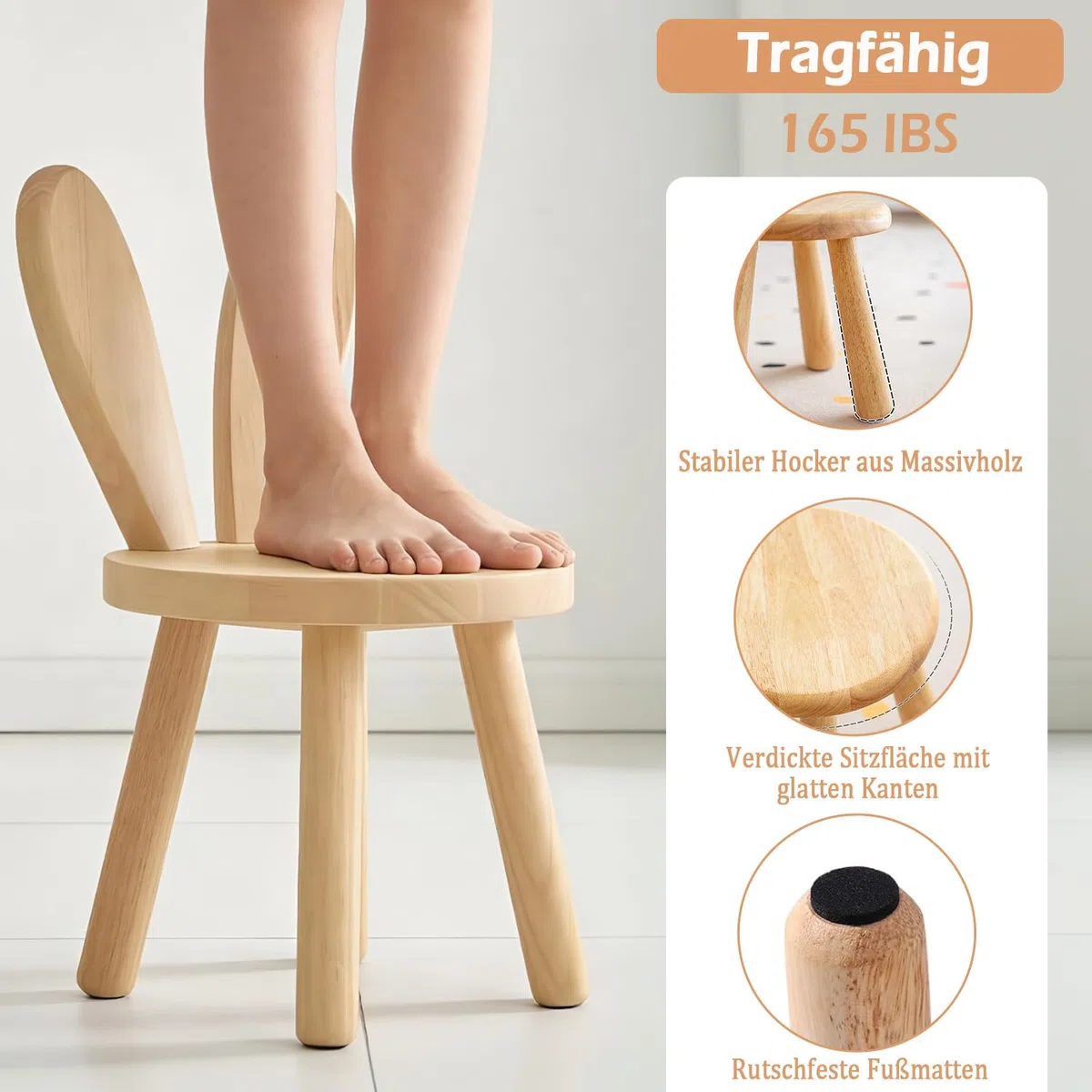 Sedia per bambini in legno, 45 x 26 cm, per cameretta dei bambini, stabile seggiolone con orecchie di coniglio, schienale per bambini, piccolo sgabello per mangiare, giocare e leggere