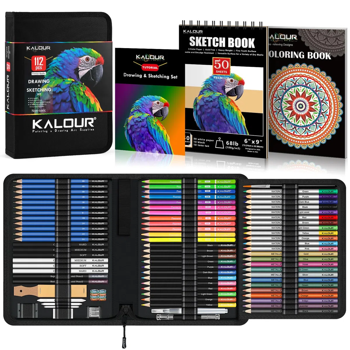 KALOUR PDAS 112 Set per Disegno Kit da Schizzo, Forniture Artistiche Professionali con Libro da Schizzo a 3 Colori & Libro da Colorare, Matite Neon, Colorate, Acquerello, Metalliche, Grafite