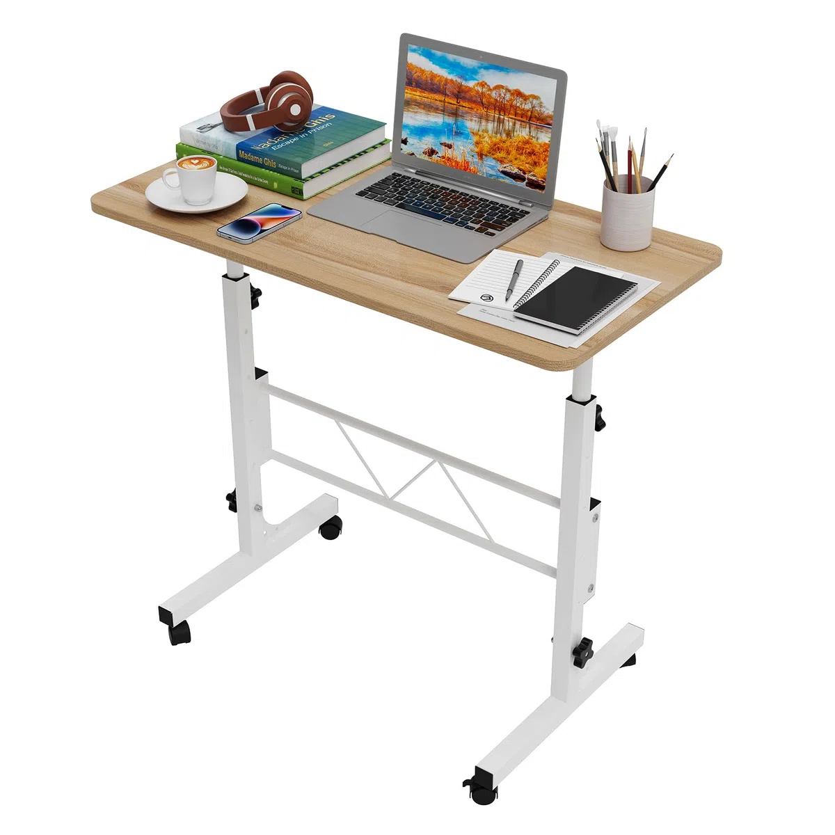PIPIPOXER 80 x 40 cm, tavolo per computer portatile con ruote, altezza regolabile 69 – 110 cm, tavolo mobile da sopravvento, tavolo girevole a 360, tavolino per divano, legno