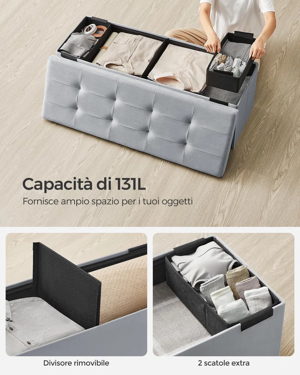 SONGMICS Cassapanca, Pouf Contenitore, Poggiapiedi Pieghevole da 38 x 110 x 38 cm, Ottomano, Regge fino a 300 kg, per Soggiorno, Camera da Letto, Entrata, Grigio Tortora LSF277G02