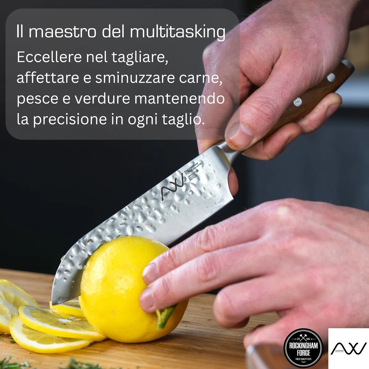 Rockingham Forge Ashwood Coltello da Cucina Santoku Giapponese 17,5 cm - Lama Acciaio Inossidabile Tedesco Ultra Affilato - Martellata Antiaderente Professionale - Manico Legno Codolo Intero
