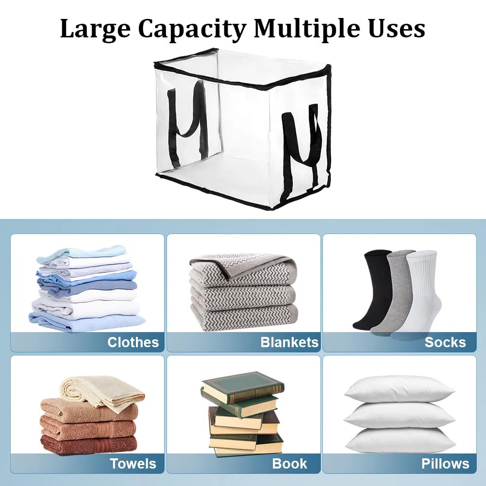 PH PandaHall 10 organizer trasparenti con cerniera, di grande capacità, pieghevoli, con manico, per riporre libri, casa, ufficio, vestiti, armadio, nero, 37 x 25 x 28,5 cm