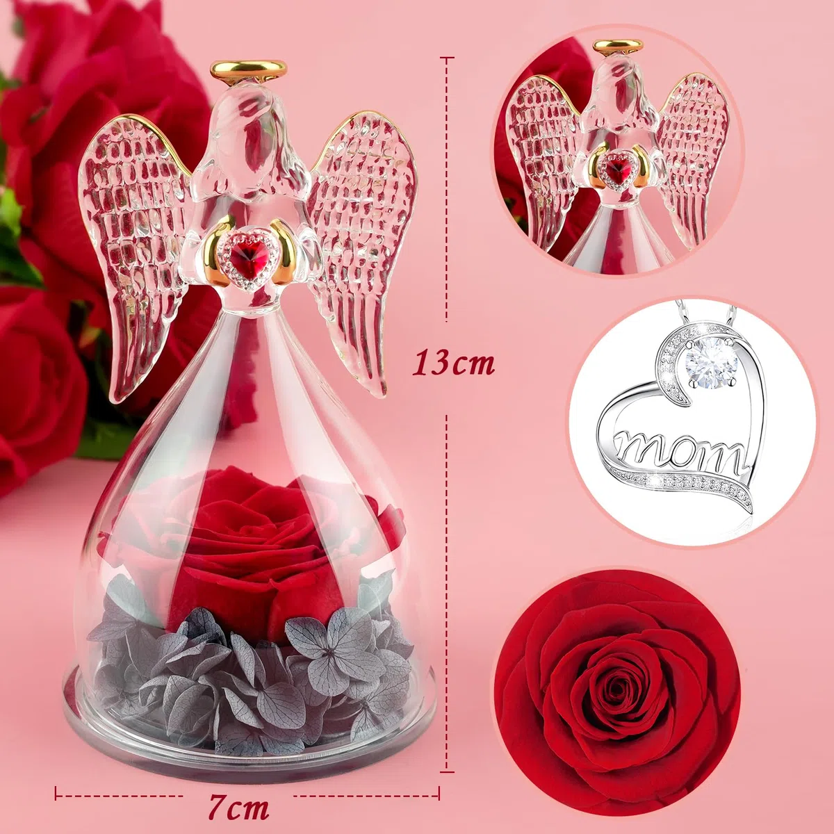 Miofula Regali Festa della Mamma,Rosa Eterna Figurine Angelo con Collana Argento 925,Rosa Stabilizzata Regalo Mamma Compleanno,Festa della Mamma Idee Regalo Mamma Nonna,Fiori Stabilizzati Regalo Donna