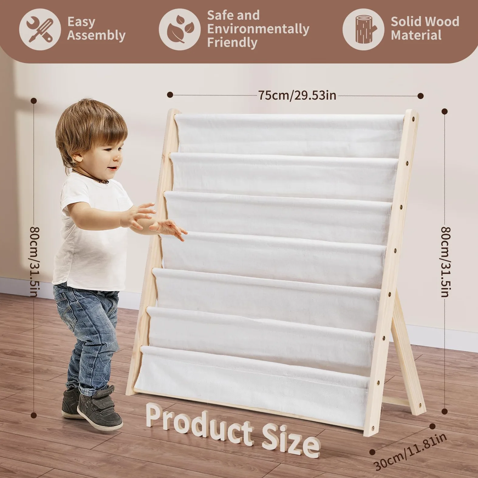 Libreria a 6 ripiani per bambini, facile accesso, in legno, con tasca, per camera da letto e sala giochi (beige)