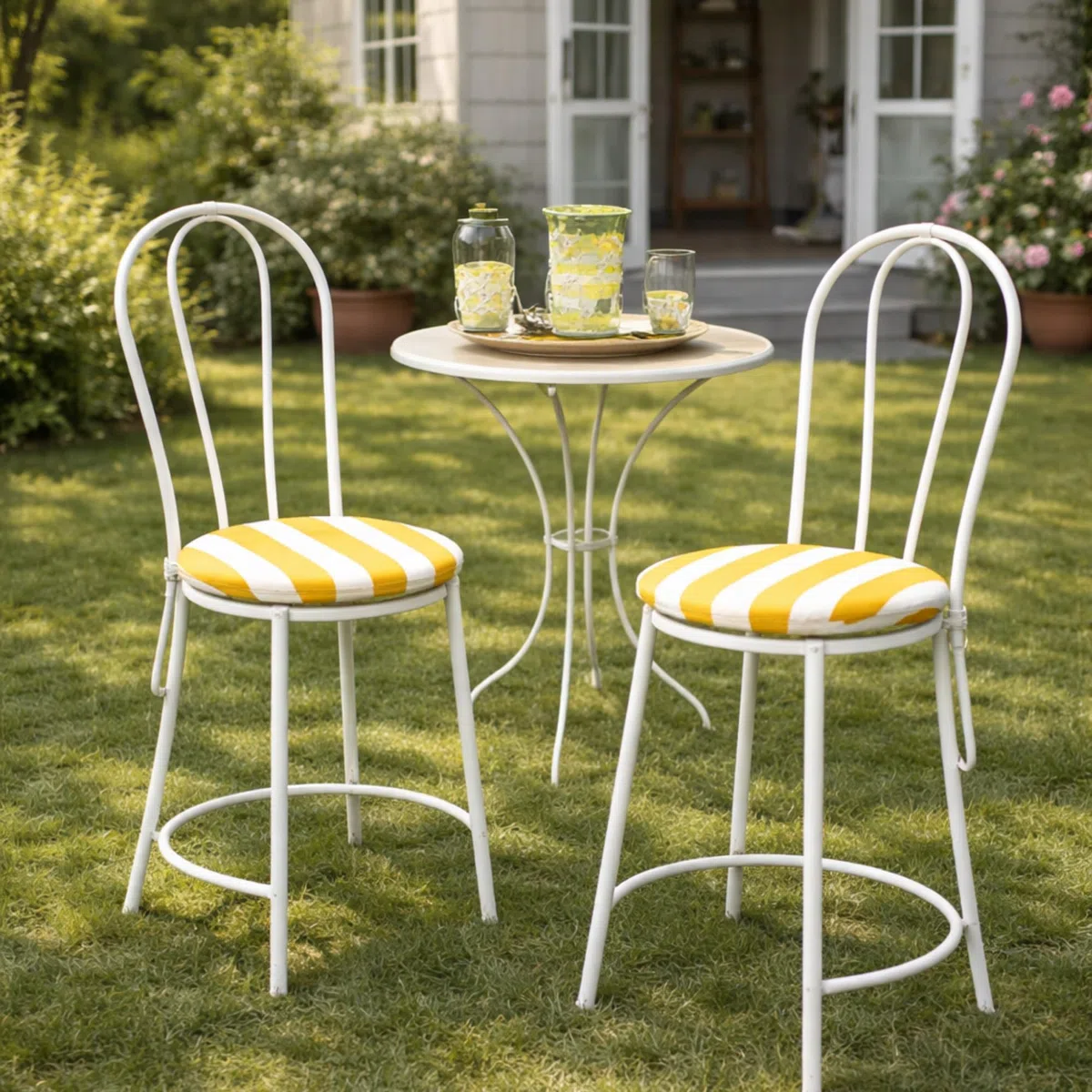 Il Tuo Artigiano Design Set 6 Cuscini per Sedie da Giardino Made in Italy - Cuscini Copri Sedie da Cucina Sfoderabili - Imbottiture in Spugna (Diametro 40 cm, Bianco e giallo)