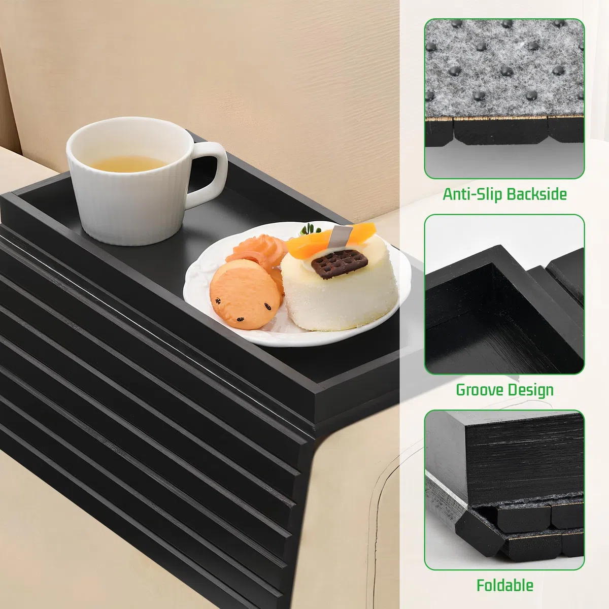 Vassoio per Bracciolo Divano in Bambù, Vassoio Divano Pieghevole Antiscivolo per Supporto Telecomando Snack Cellulare Bevande Tazza (Nero)