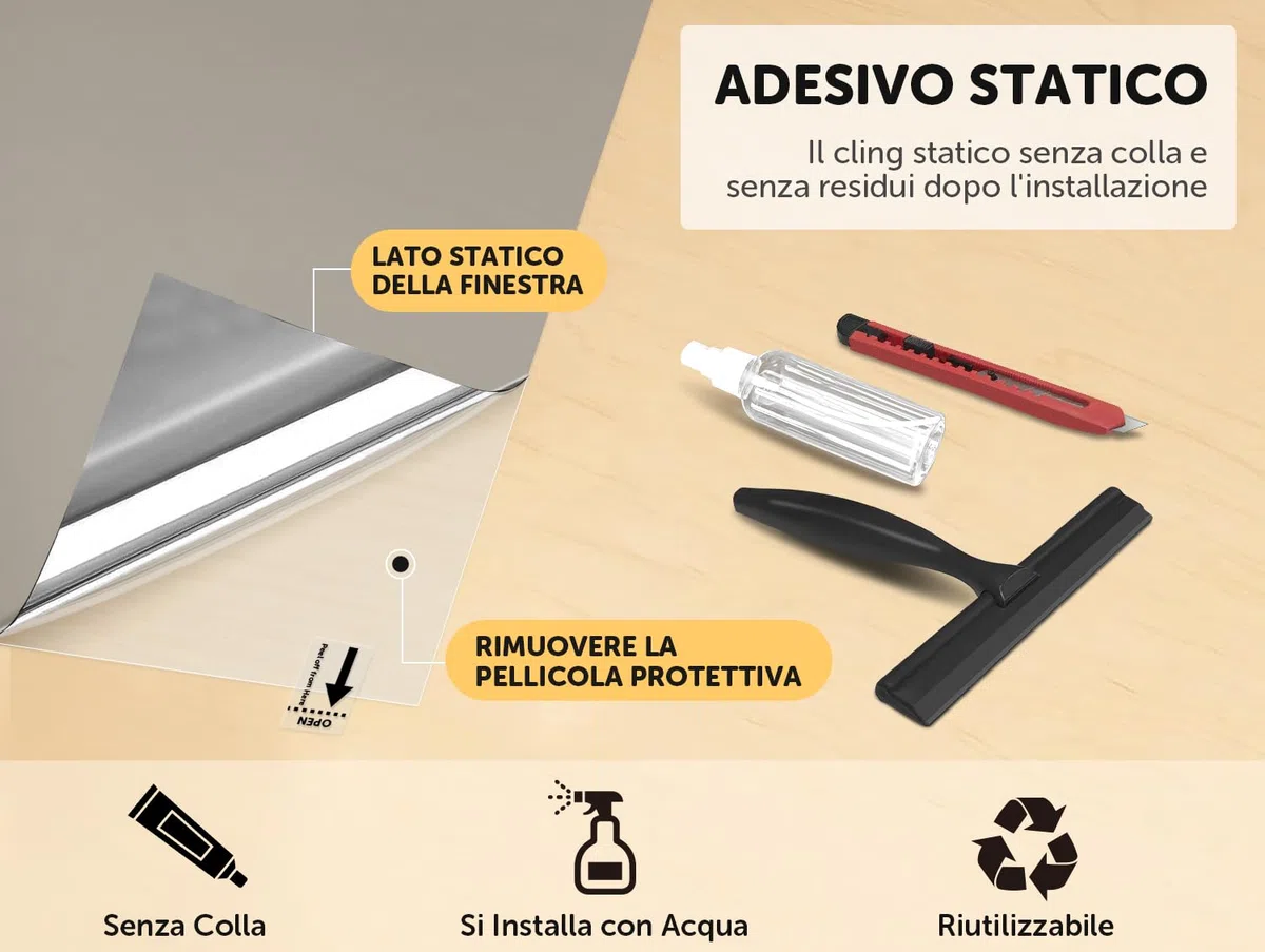 Pellicola a specchio per finestre protezione privacy 100x200cm – Pellicola per finestre autoadesiva per interni ed esterni, protezione dai raggi UV e dal calore, argento-specchio, ideale per