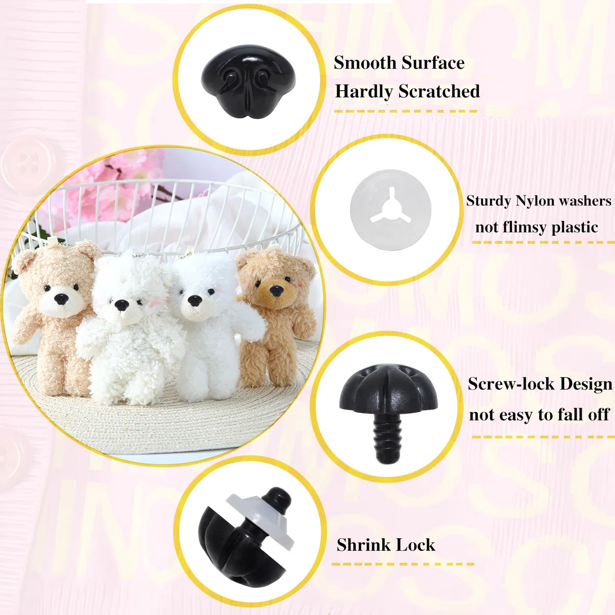Naso di sicurezza per cani, in plastica nera, per animali di peluche, fai da te, 50 pezzi, 16 x 19 mm