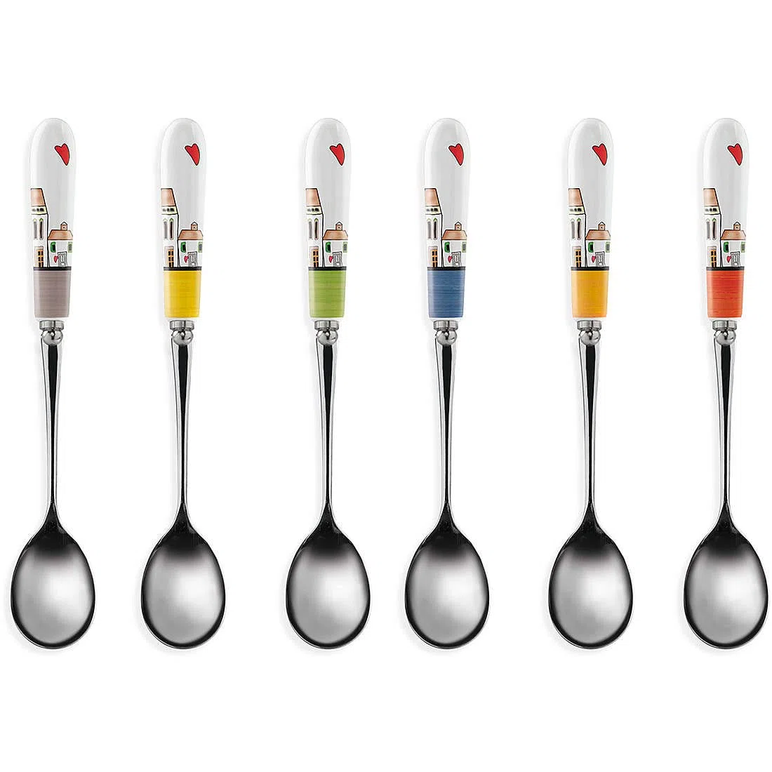 Egan Set di 6 Cucchiaini con Manici in ceramica Colorati Linea Le Casette, 15x2.3x1
