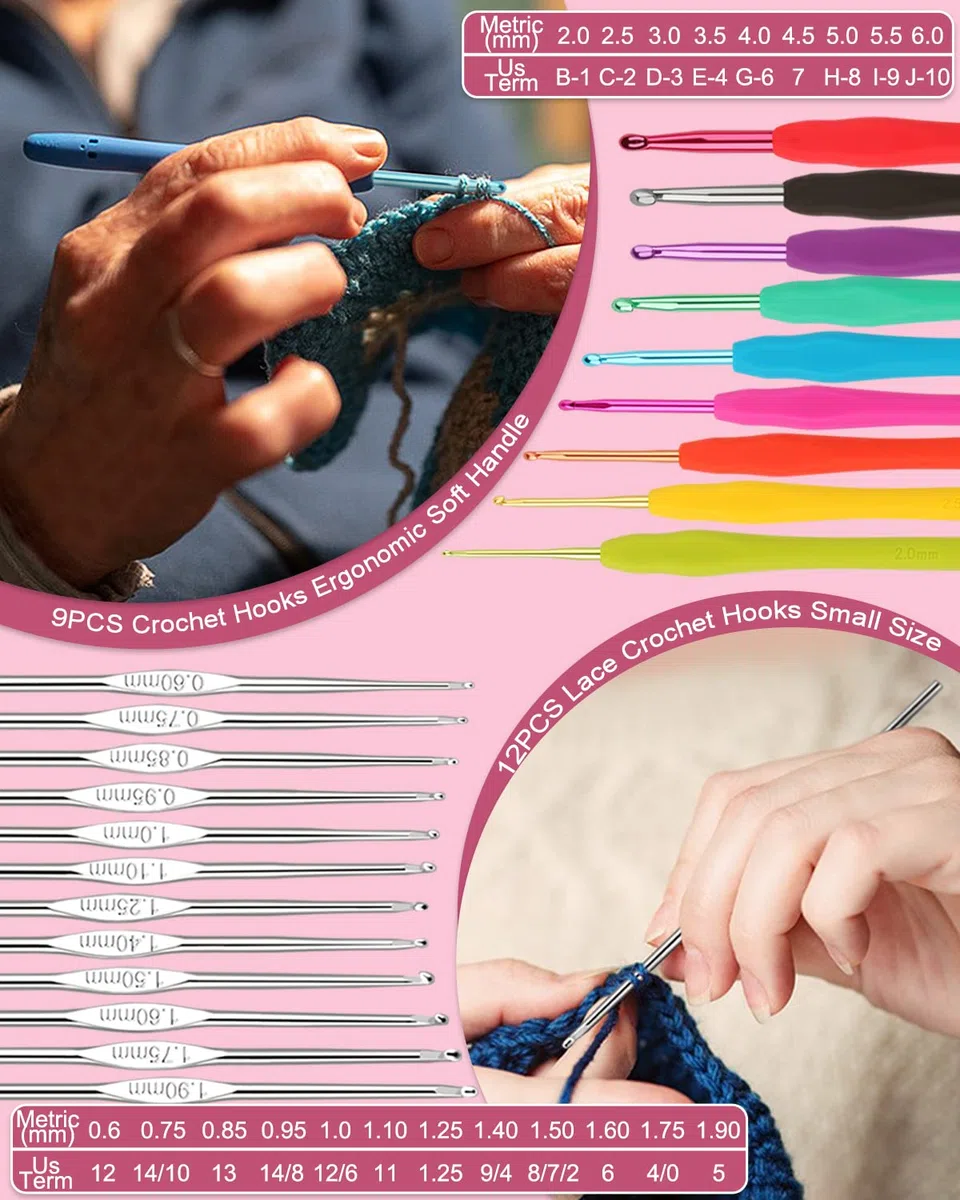 Coopay - Kit per uncinetto principiante, completo con 16 gomitoli di lana, 2 tipi di ganci 0,6-6,0 mm, borsa per riporre accessori per uncinetto a maglia, regalo per ragazza, famiglia, amici, rosa