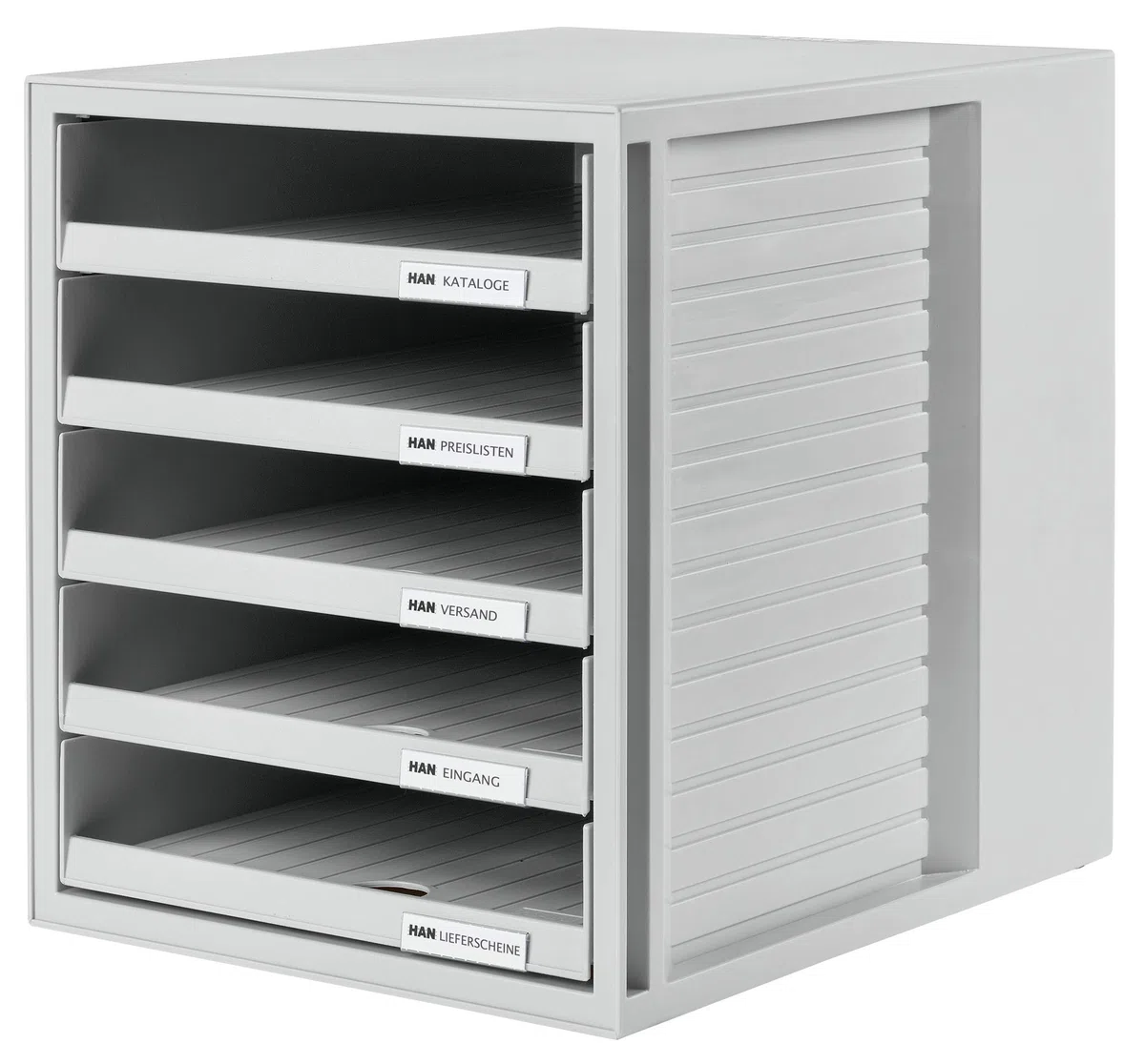 Cassettiera portadocumenti HAN SET-ARMADIO – design accattivante per documenti fino al formato C4, 5 cassetti aperti, grigio chiaro, 1401-11
