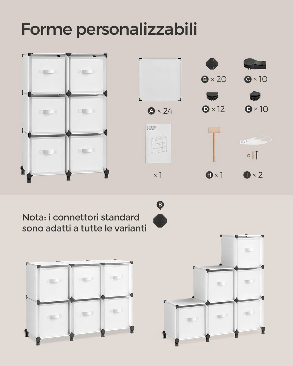 SONGMICS Scaffale Componibile a Cubi con Scatole Portaoggetti di Tessuto, Armadio Modulare a 6 Scomparti, Personalizzabile, Espandibile, Salvaspazio, Camera da Letto, Bianco Nuvola LPC062W06