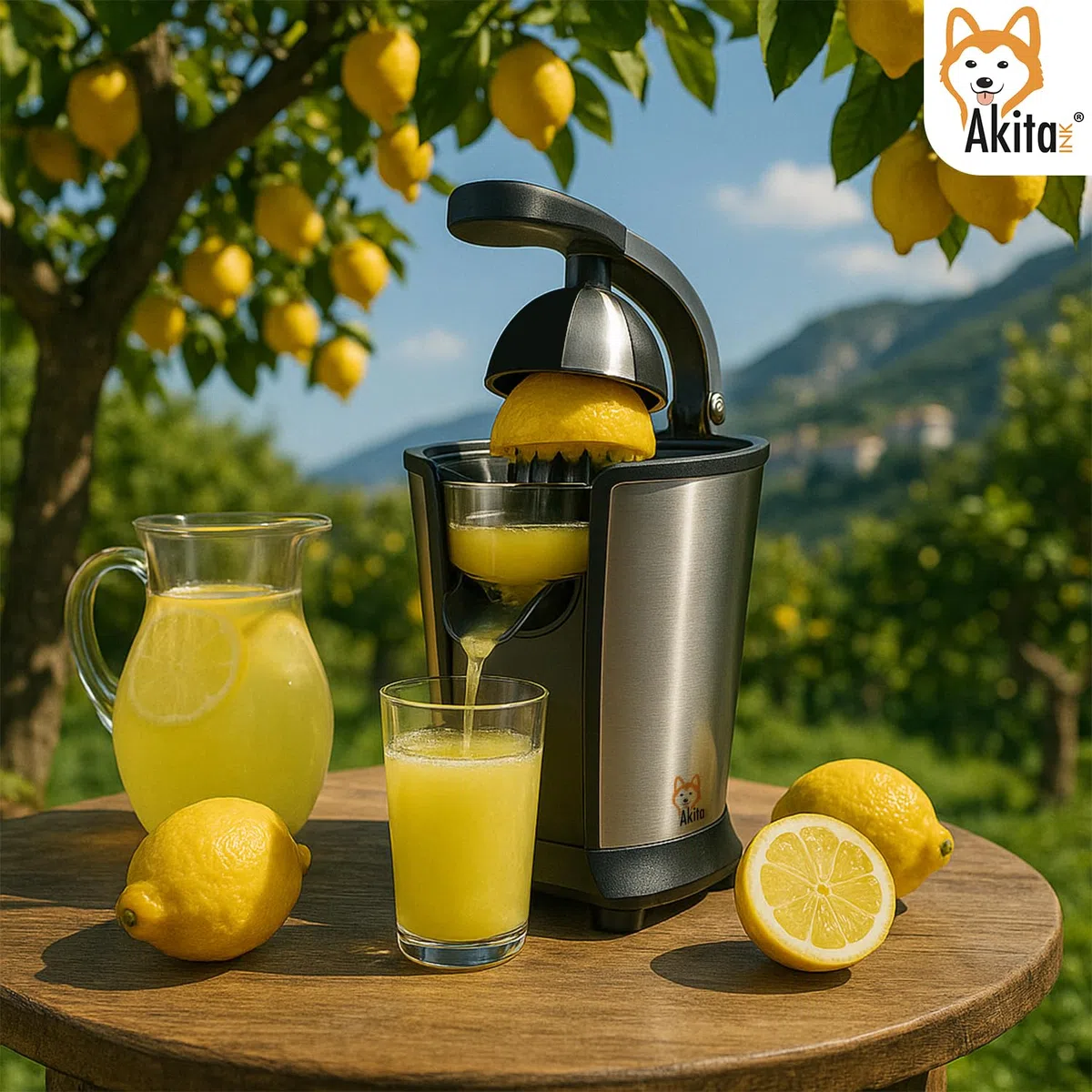 Akitaink Spremiagrumi Elettrico a Braccio 85W Acciaio Inox con Leva – Coni per Limone e Arancia Inclusi - Spremiagrumi Potente e Silenzioso
