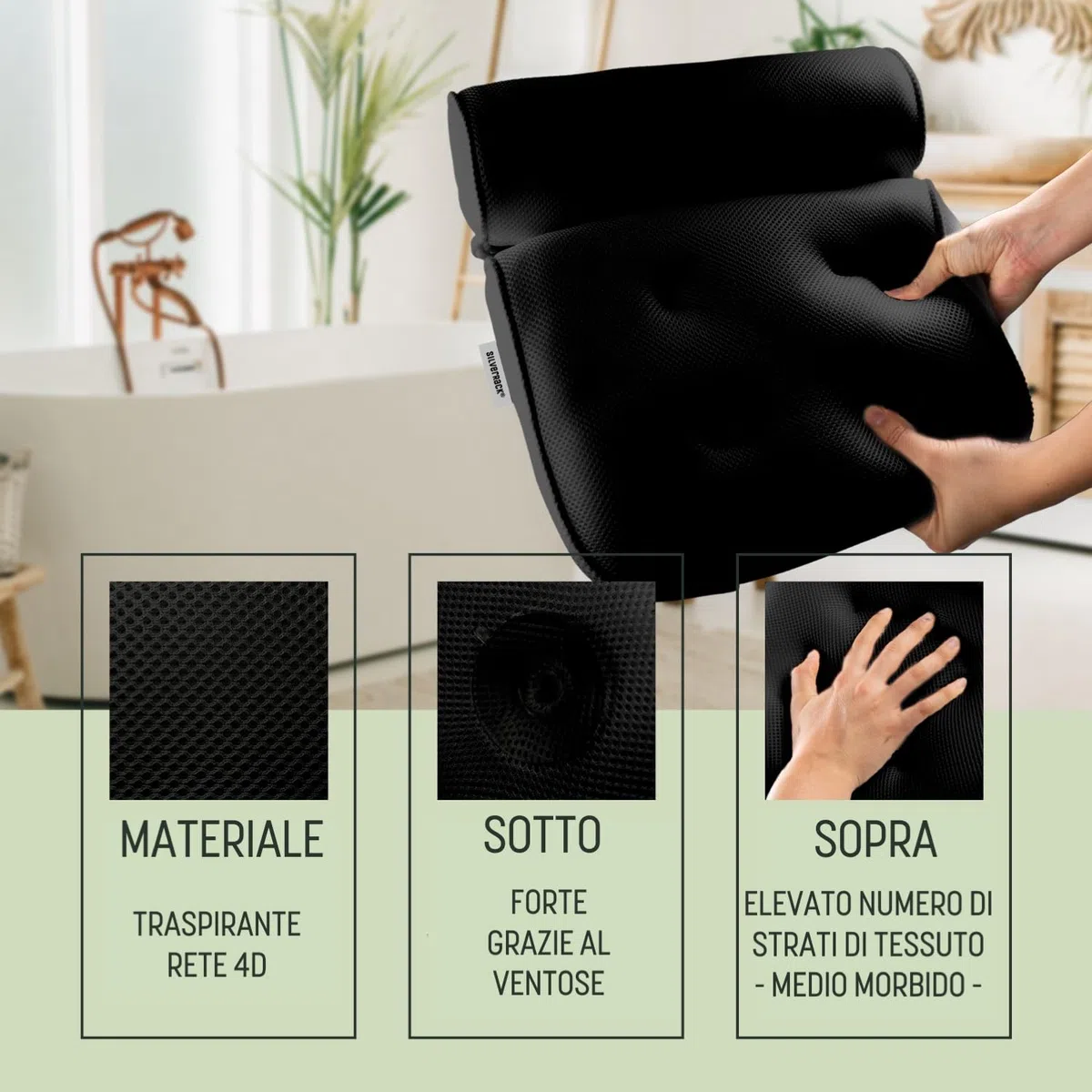 SilverRack Cuscino da bagno MEDIAMENTE MORBIDO [Nero 3D] - Cuscino per il collo per vasca da bagno con ventose come accessorio per vasca da bagno - Cuscino per vasca da bagno