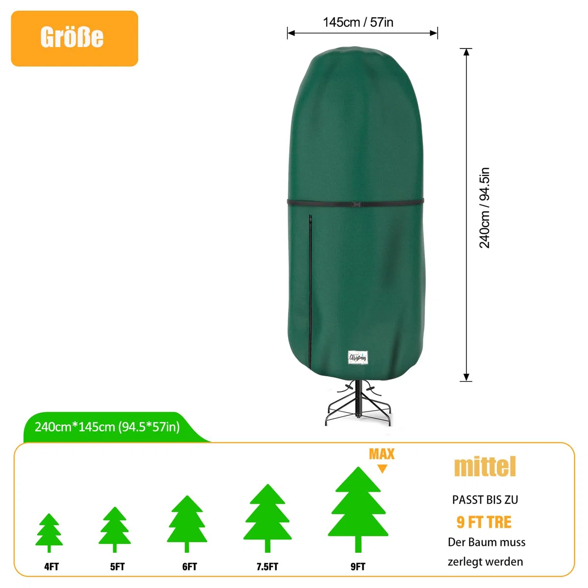 Copertura verticale per la conservazione dell'albero di Natale, copertura regolabile antistrappo per albero di Natale, borsa per la conservazione di albero artificiale in piedi con ornamenti