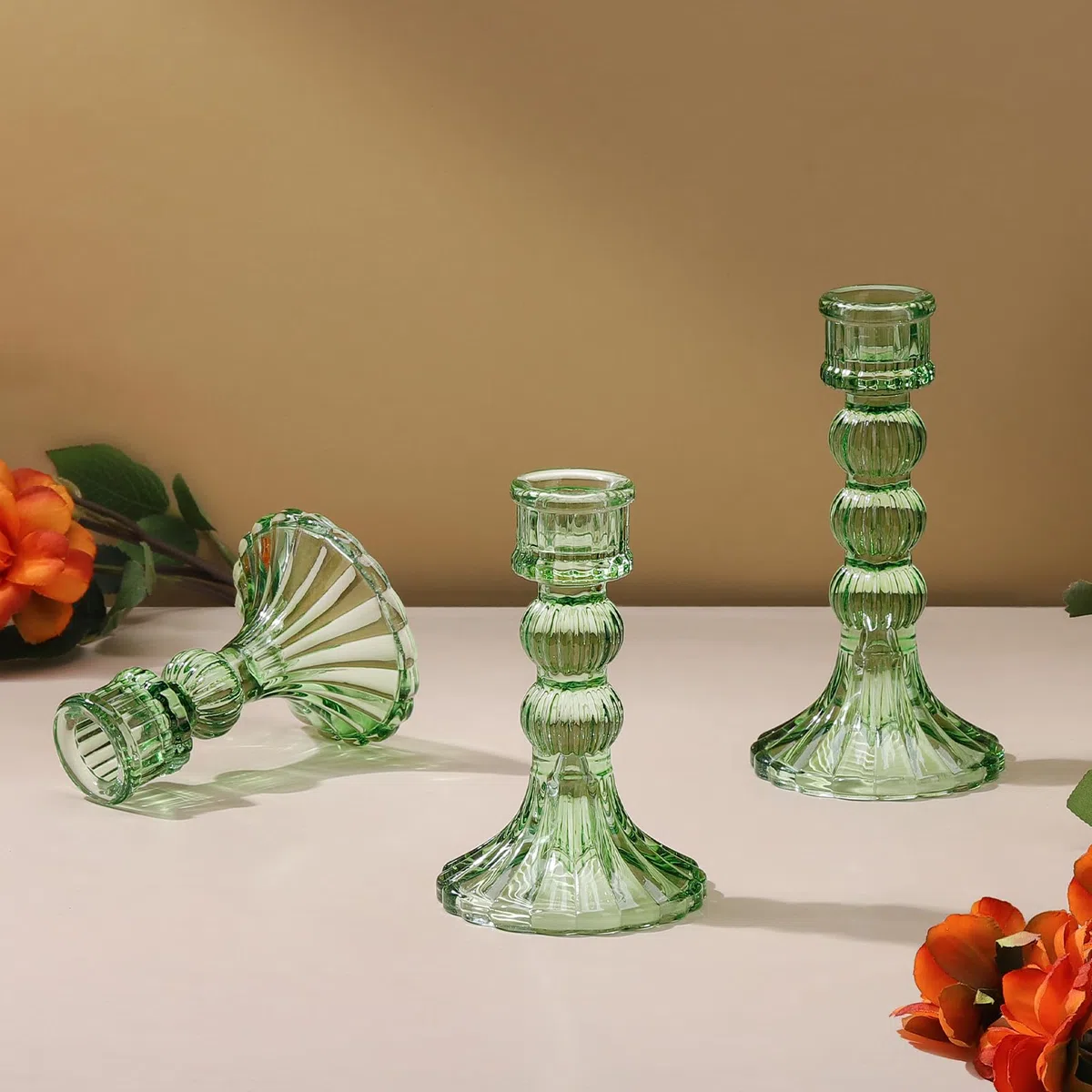 Lewondr Set di Candelabro in Vetro Trasparente, 3 Pezzi Accessori Decorazioni Tavolo Porta Candele, Candelieri con Design a Strisce Verticali per Tavolo, Casa, Matrimoni, Feste, Verde