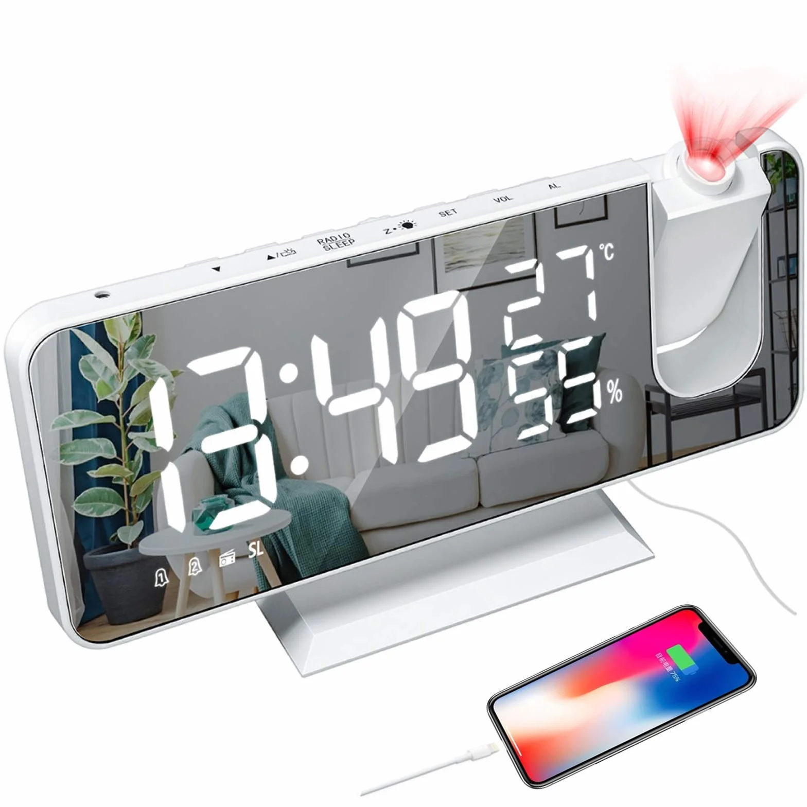 Sveglia a proiezione, sveglia digitale a LED con superficie specchio, porta di ricarica USB, ripetizione, doppio allarme, radio FM, modalità 3Dimming, umidità della temperatura, regolazione 12