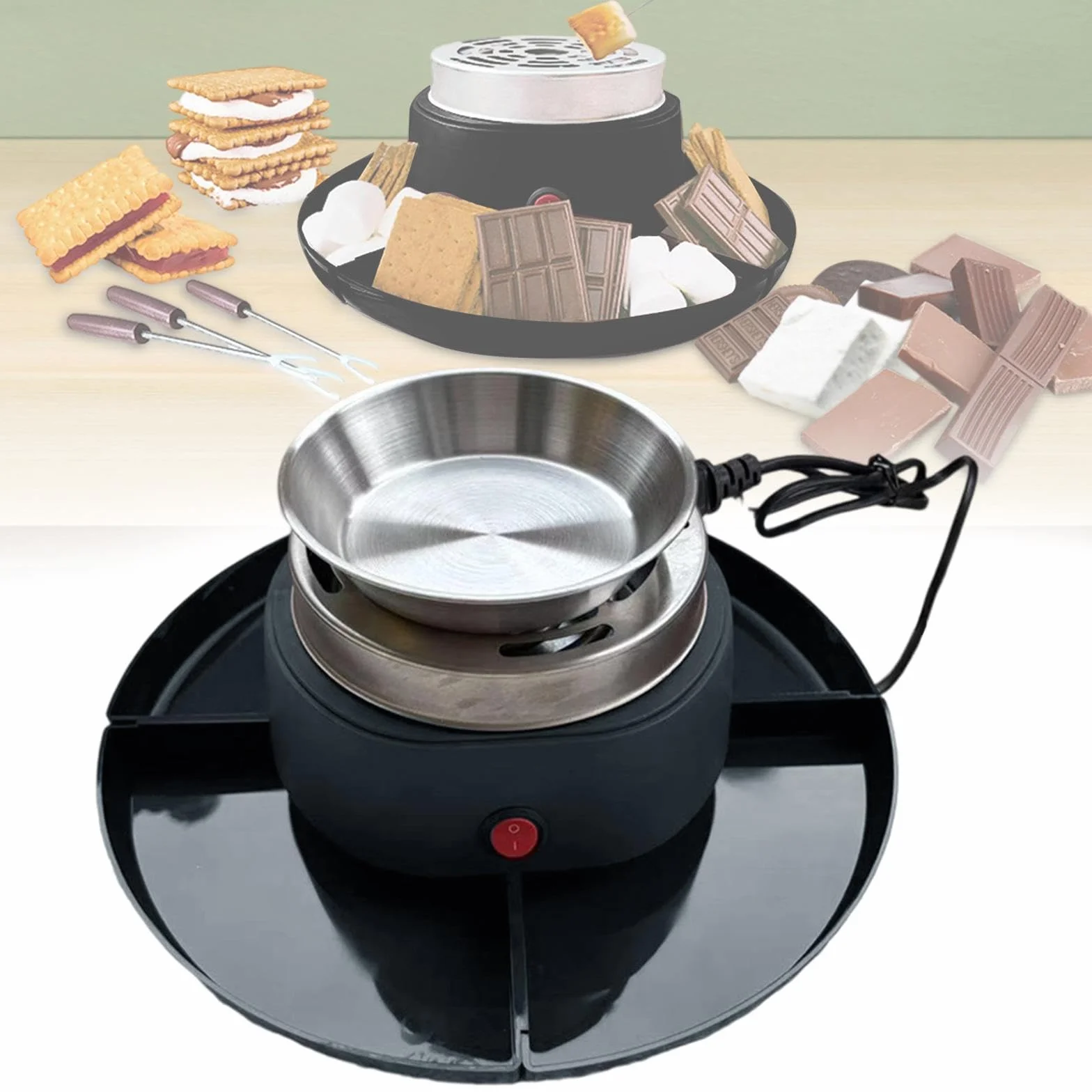 rockible Kit S'mores, macchina elettrica per S'mores, 4 vassoi staccabili, set per fonduta elettrica con forchette, set per S'mores da tavola per, Nero