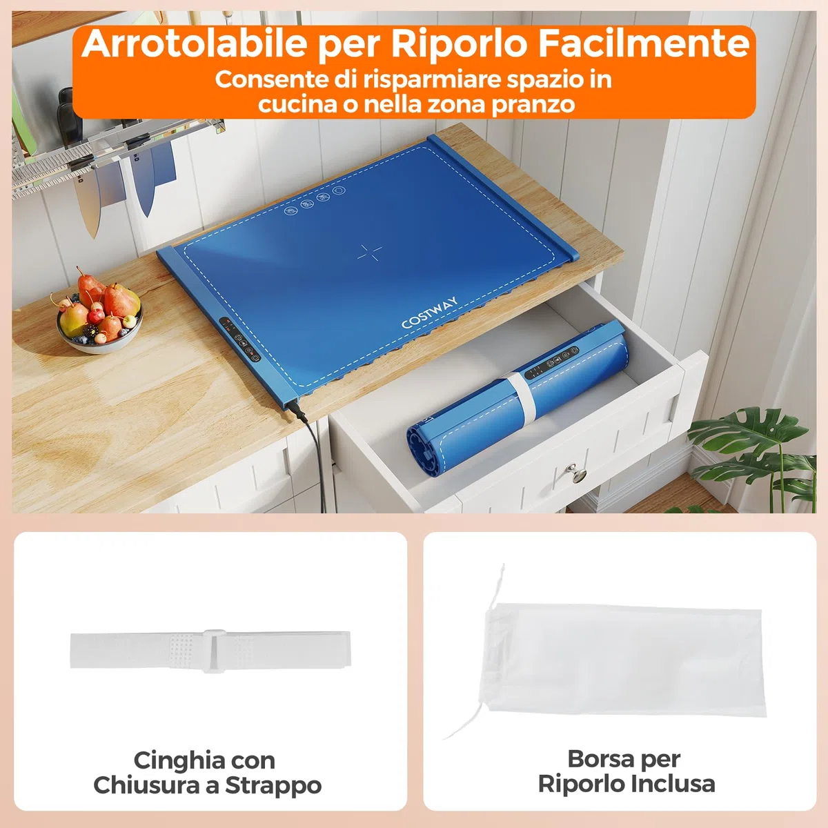 COSTWAY Vassoio Riscaldante Elettrico, Tappetino Riscaldante in Silicone Portatile, con Temperatura Regolabile Timer e Blocco per Bambini, per Buffet, Feste e Cucina (60 x 44 cm,Blu)