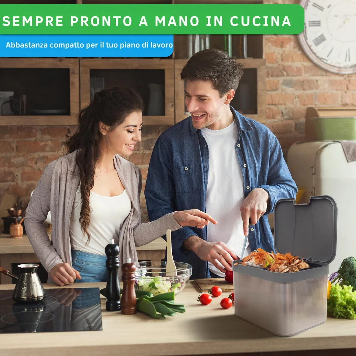 YourCasa Pattumiera per compost 4,3 l per rifiuti organici quotidiani in cucina inserto interno lavabile in lavastoviglie inodore e lavabile in acciaio inox biologico con coperchio (grigio)