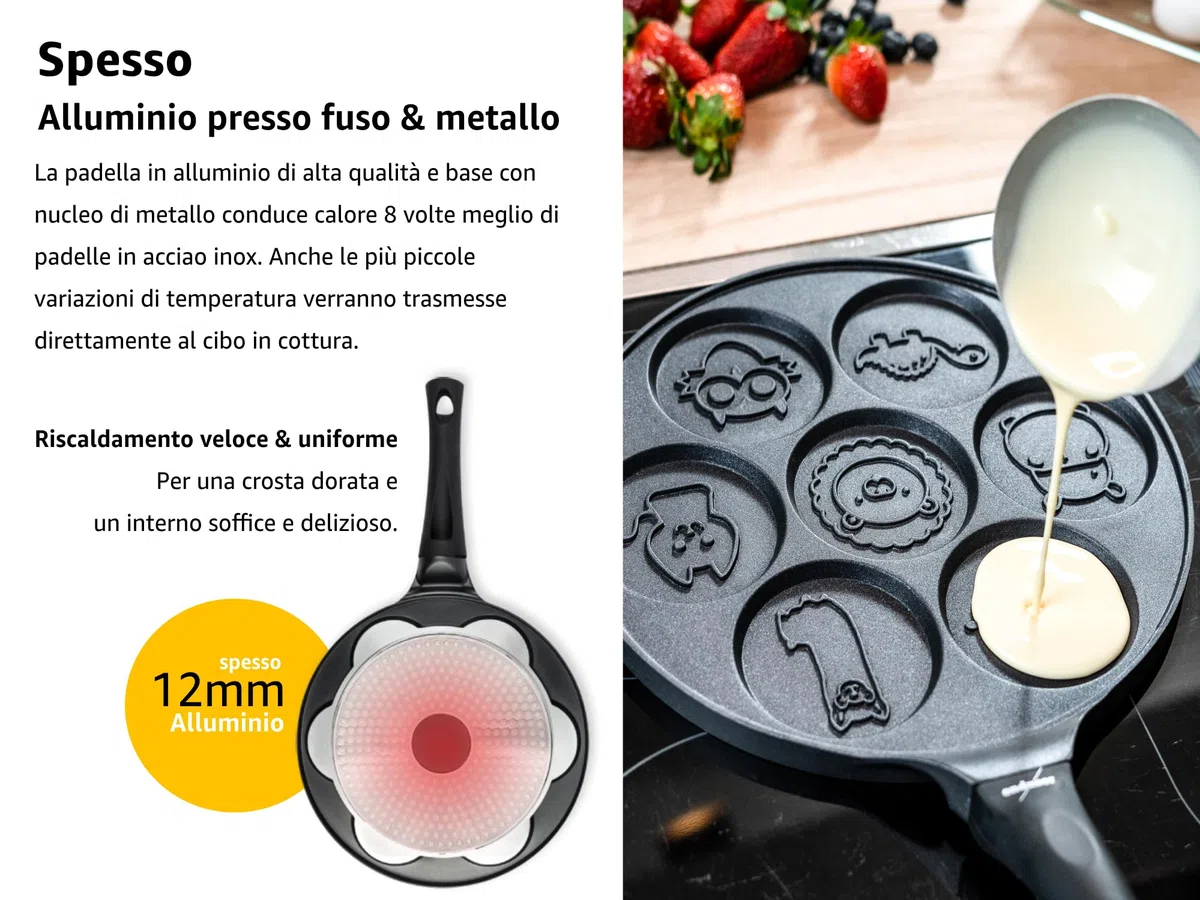 endusor Padella per Pancake Animali per Bambini - Ø26cm Padella per Pancake antiaderente | Per Fornelli a Induzione Gas Ceramica Elettrici | Piastra 7 stampi divertenti per Pancakes Motivo Animali