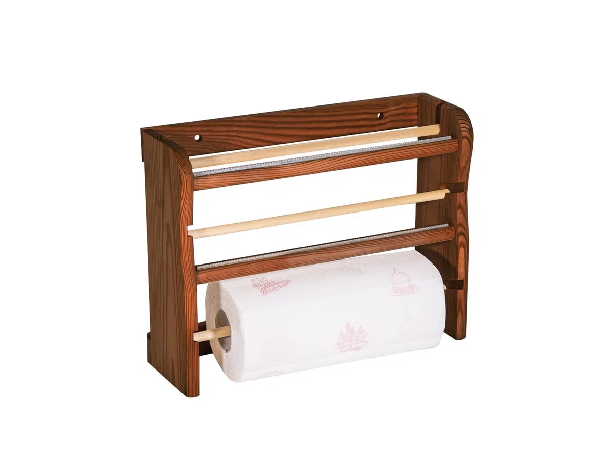 Mensola da Muro Parete Porta Rotolo Carta Scottex Asciugamani Domopack Carta Forno Pellicola Trasparente Dispenser 3in1 con 2 Taglierina Seghetto per Taglio da Cucina in Legno Scuro