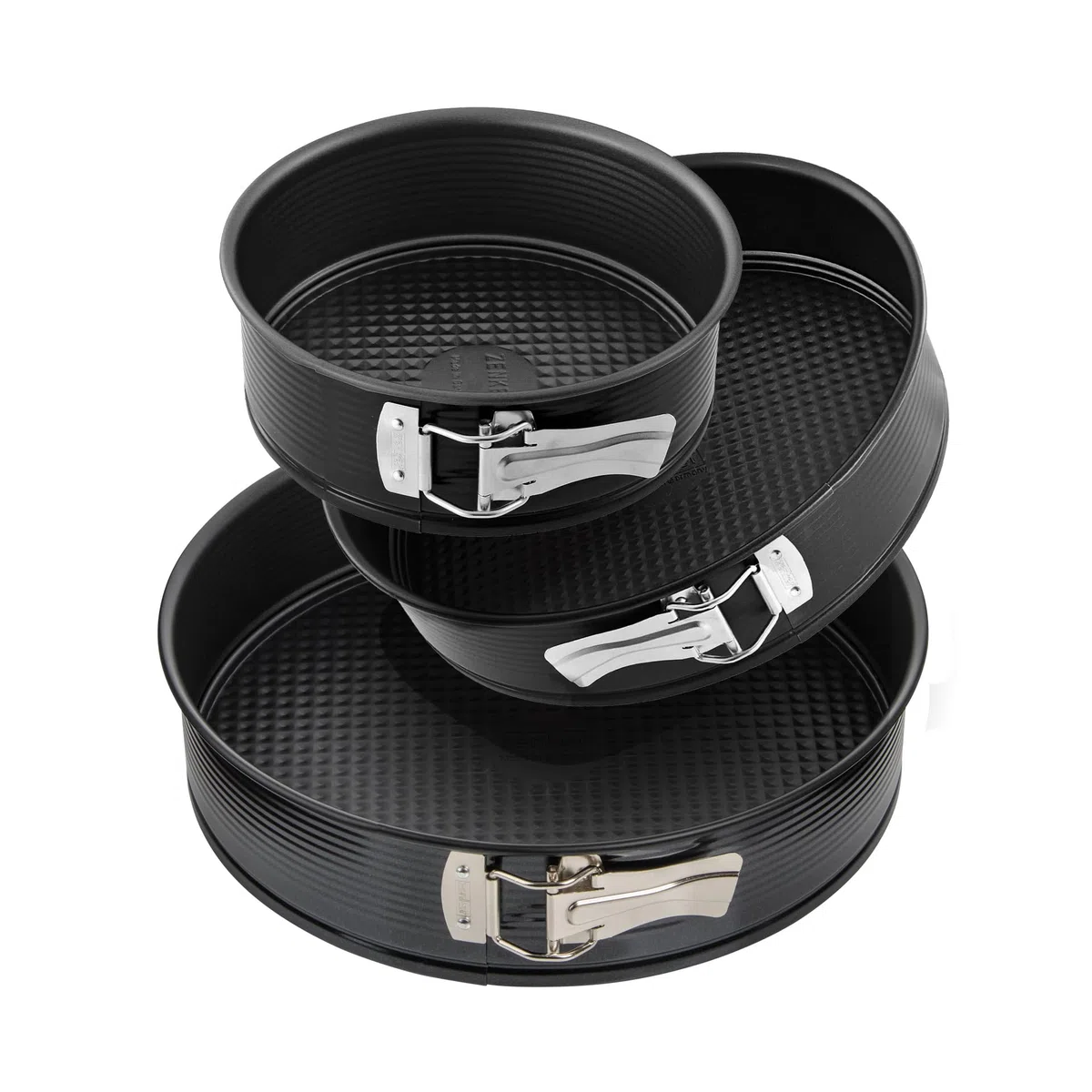 Zenker Set da 3 tortiere apribili con cerniera, materiale acciaio al carbonio, teglie da forno rivestimento antiaderente, base a nido d'ape, dimensioni Ø20, Ø24, Ø28 cm