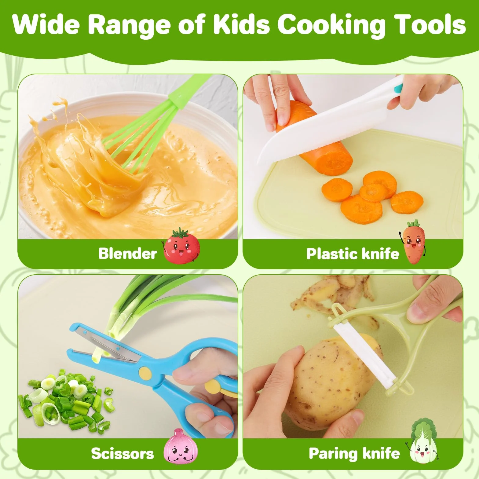 BEBOAN Set di 43 coltelli per bambini per una vera cucina, utensili da cucina Montessori per bambini di età 2-4 5-7 6-8 anni, set da cucina in plastica per bambini con coltello sicuro, taglierina