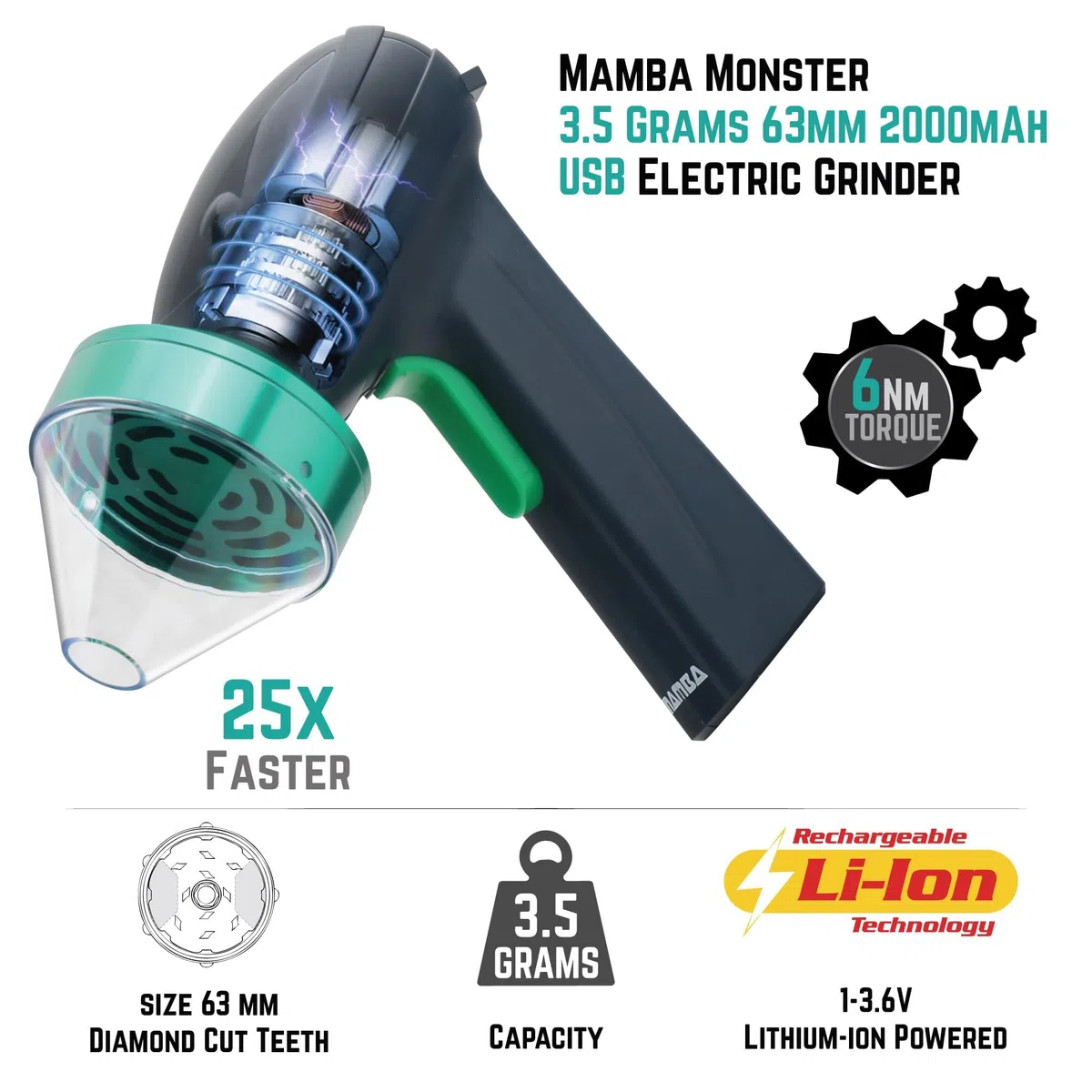 Mamba Monster 3.5g Nero-Verde USB Grinder Elettrico per Erbe. Macinino Spezie Portatile in Metallo ad Alta Capacità per Erbe Aromatiche e Spezie da Cucina