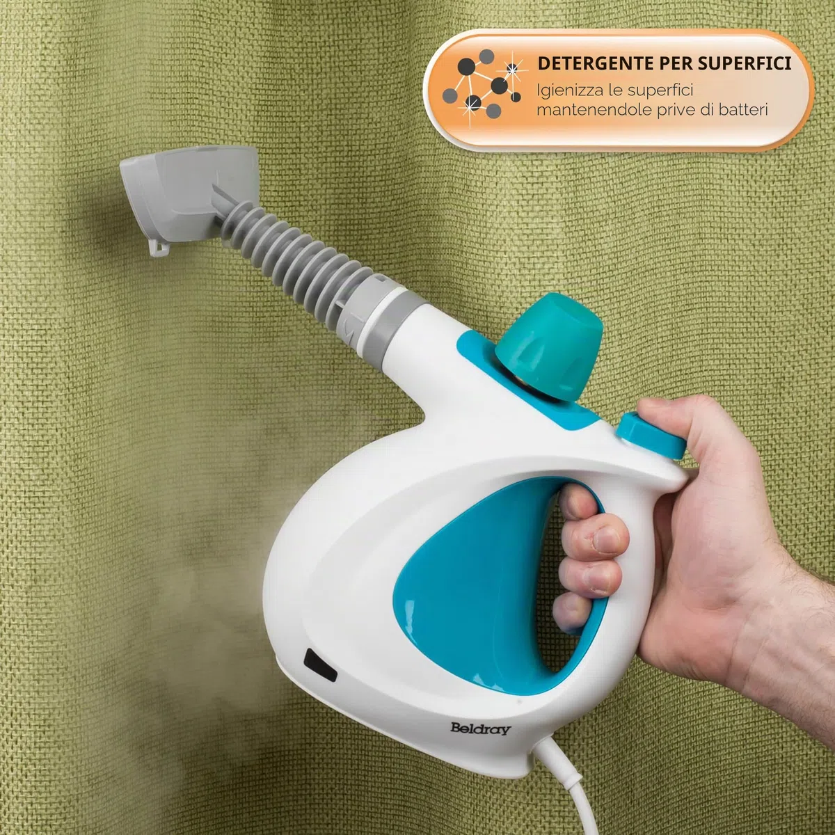 Beldray BEL0701TQN Detergente a vapore portatile 10-in-1, perfetto per tappezzeria, Piastrelle per bagno, specchi e finestre, scopa a vapore detersivo, Uccide efficacemente i batteri, Turchese, 1000W
