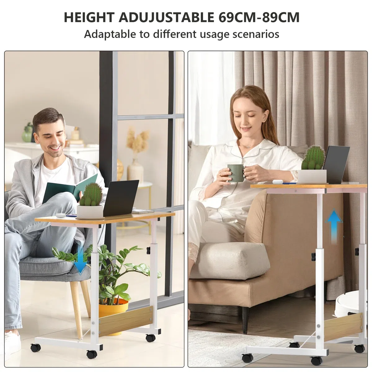 nwixbqqoqn Comodino con rotelle 80x40cm, Tavolo per laptop regolabile in altezza 69-89cm con 4 rotelle, Tavolo rotante per ufficio in camera da letto, Giallo