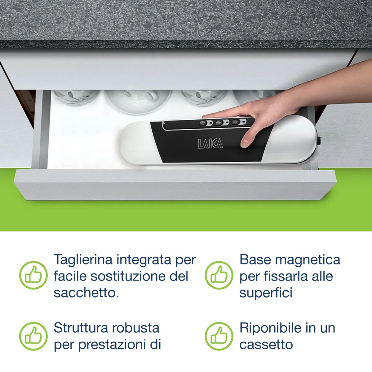 LAICA Sigillatrice a Caldo e Macchina Sigillatrice Sottovuoto per Alimenti - Design Compatto, Conservabile in un Cassetto - Preservazione dei Cibi Freschi e Cotti - con Fornitura 2 Extra di Sacchetti