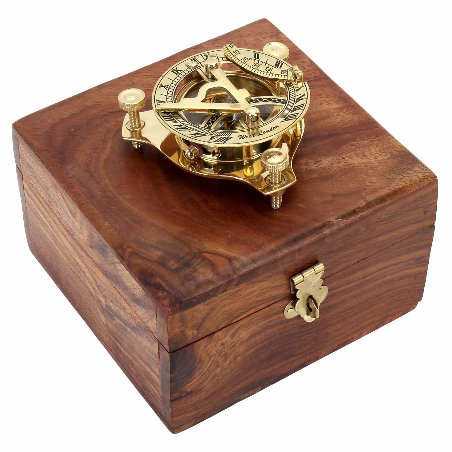 Meridiana con bussola, stile vintage, in ottone, in confezione regalo di legno con istruzioni, ago della bussola regolabile