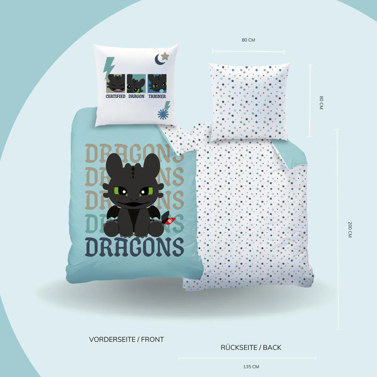 MTOnlinehandel Biancheria da letto Dragons 135 x 200 + 80 x 80 cm, biancheria da letto per bambini, 100% cotone, motivo reversibile, set di biancheria da letto per ragazzi, chiusura lampo, idea regalo