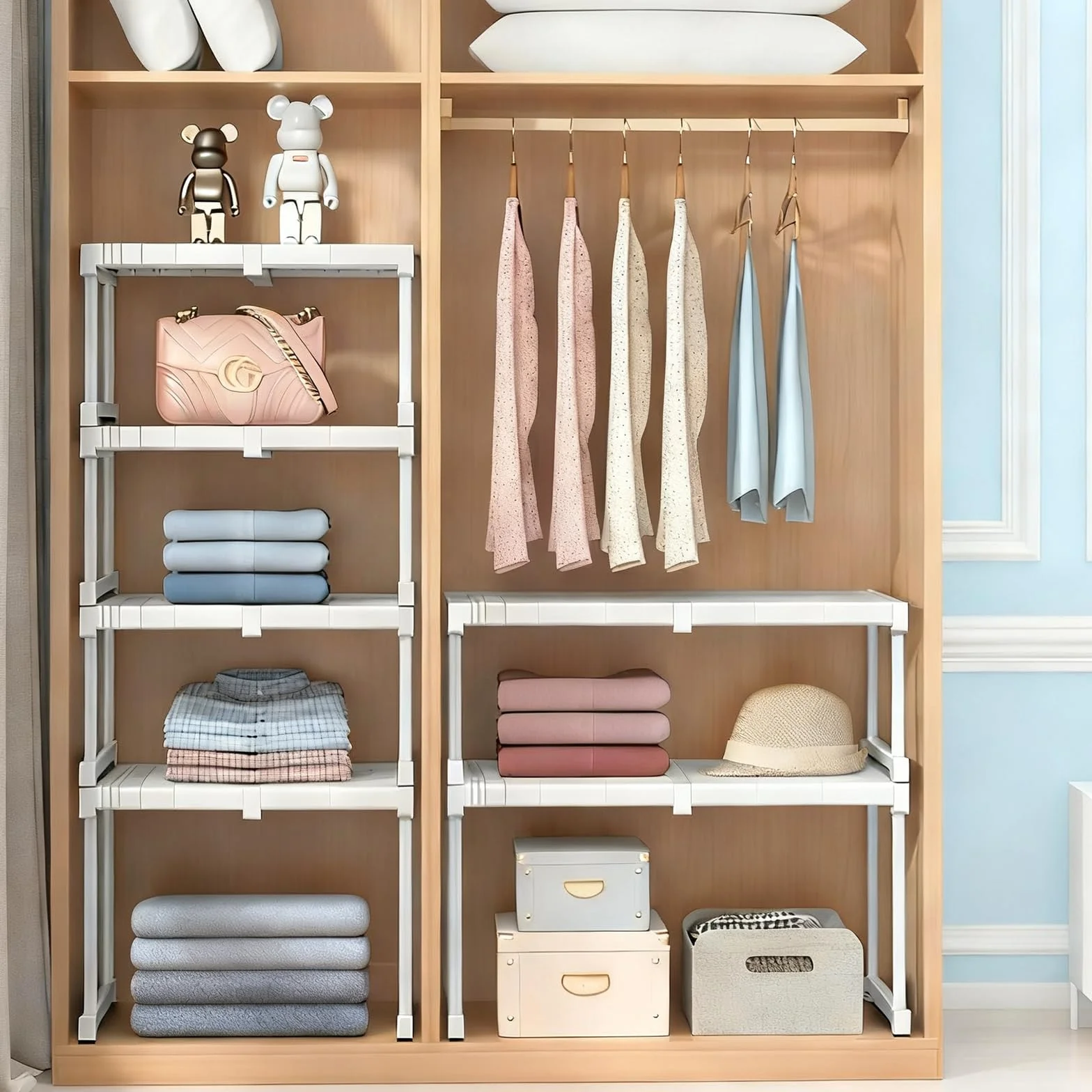 Organizzatore per armadio impilabile, sistema di scaffali regolabili senza foratura, struttura in metallo bianco, per armadio, cucina, risparmio di spazio per bagno (lunghezza 37-48 cm)