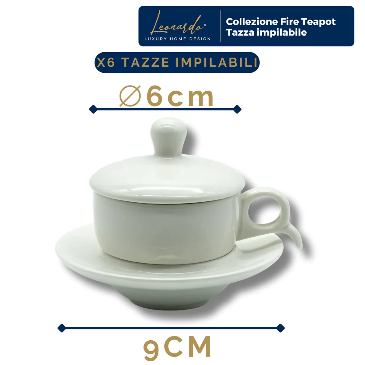 Set 6 Tazze da Caffè Impilabili con 6 Piattini 6 Coperchi Coordinati Porcellana Finitura Liscia e Raffinata Elegante Idea Regalo