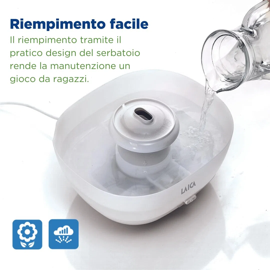 Umidificatore a Caldo LAICA, Serbatoio di 1,8 L per stanze, Piante, Vapore Privo di batteri, ultrasilenzioso, 3 velocità, off Auto, Funzione “Warm”, riempimento Facile, Oli aromatici