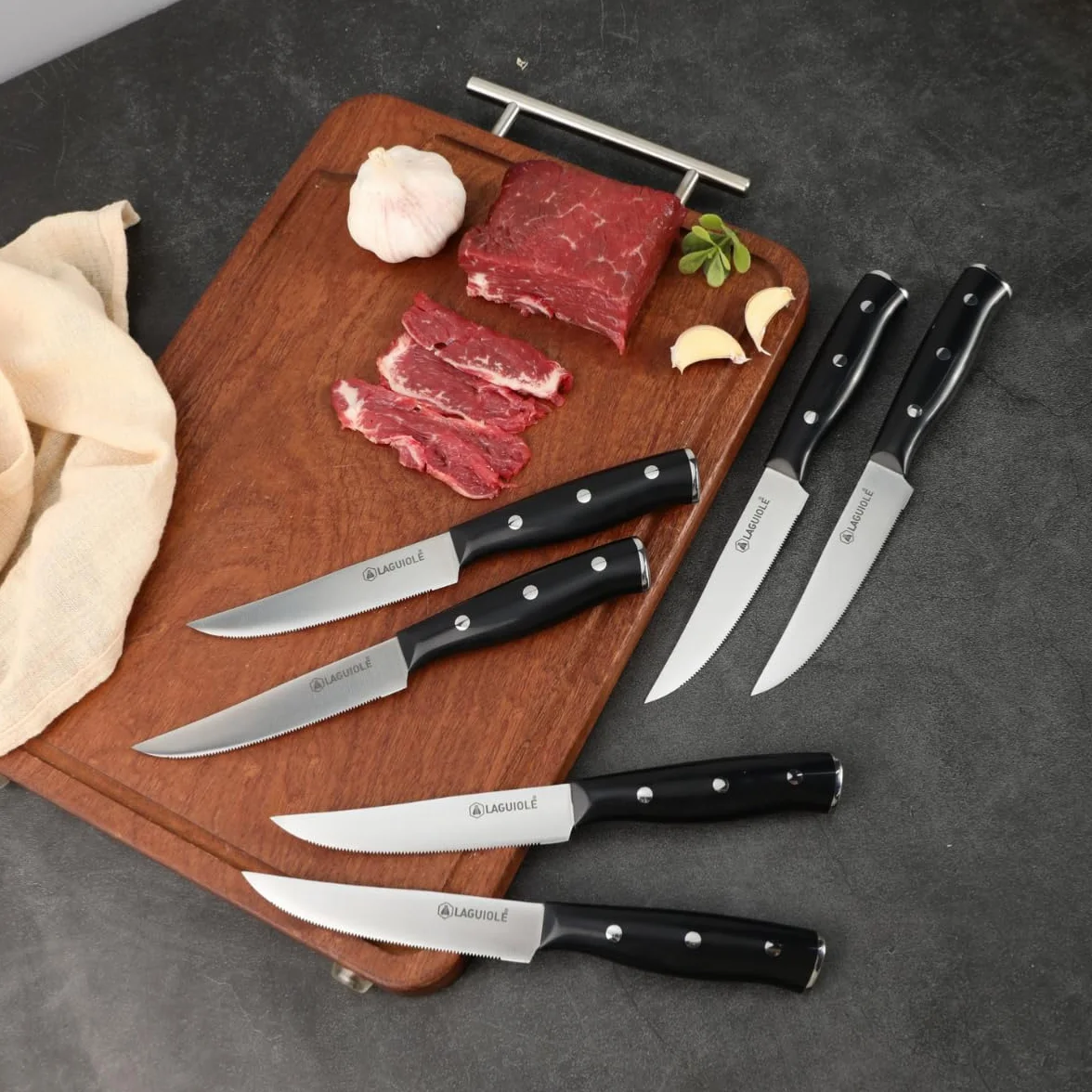 LAGUIOLE, Set 6 Coltelli Bistecca 'Gleam' Neri - Lama in Acciaio 3CR13, Manico ergonomico in ABS, Eccezionale Nitidezza, Durezza 53 HRC, 22,3 cm, Finitura a Specchio, Nero