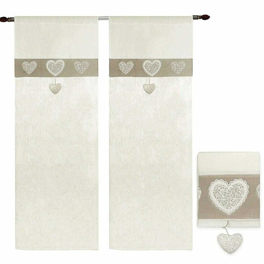 emmevi Tende Finestre Porta Interno Tessuto Lino Semitrasparente Coppia 2 Pz più Misure Shabby Chic MOD.Tenda Cuori 2 CONF 140X290